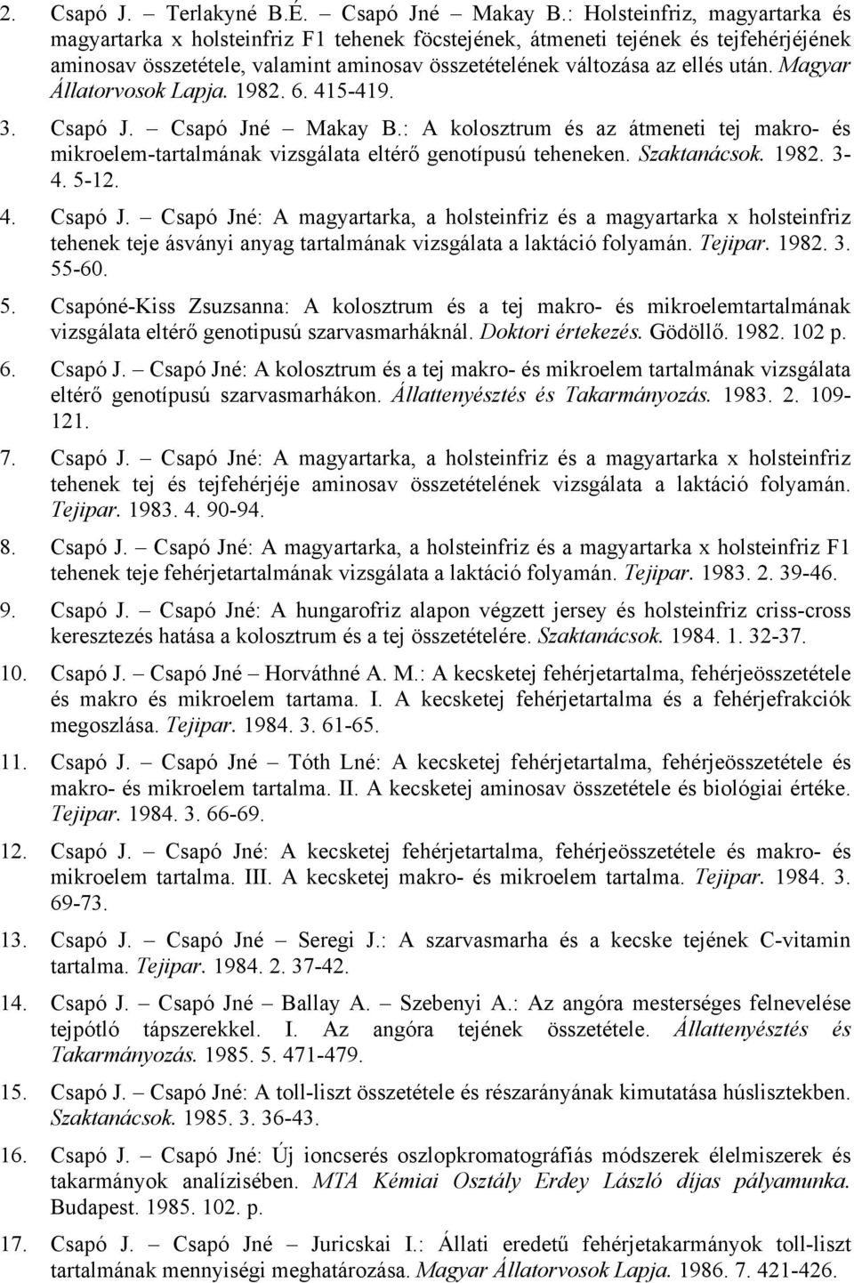 Magyar Állatorvosok Lapja. 1982. 6. 415-419. 3. Csapó J. Csapó Jné Makay B.: A kolosztrum és az átmeneti tej makro- és mikroelem-tartalmának vizsgálata eltérő genotípusú teheneken. Szaktanácsok. 1982. 3-4.