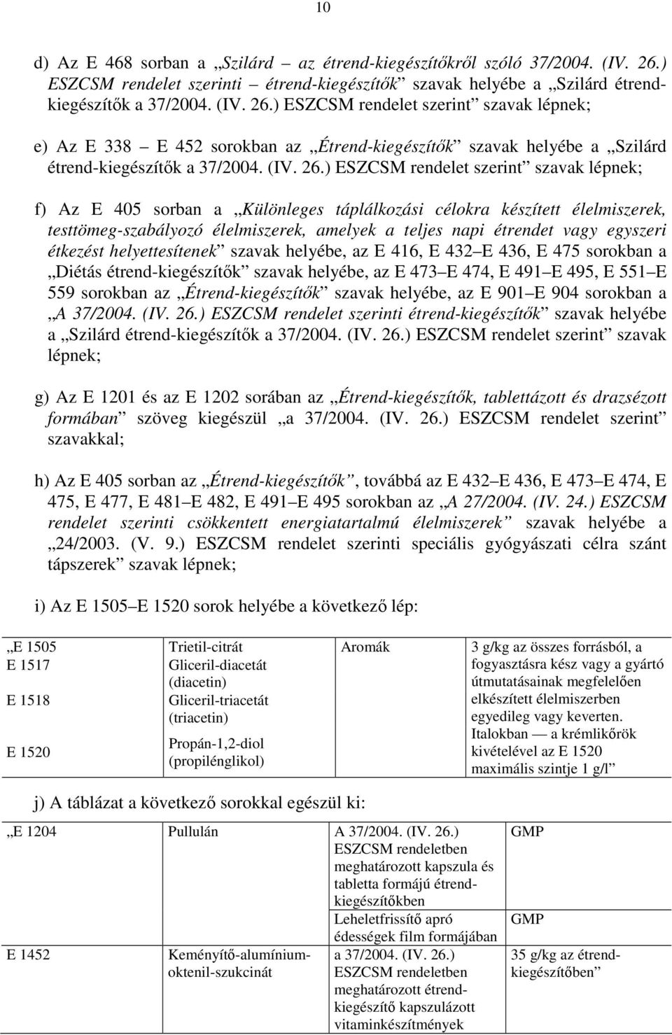 ) ESZCSM rendelet szerint szavak lépnek; e) Az E 338 E 452 sorokban az Étrend-kiegészítők szavak helyébe a Szilárd étrend-kiegészítők a 37/2004. (IV. 26.