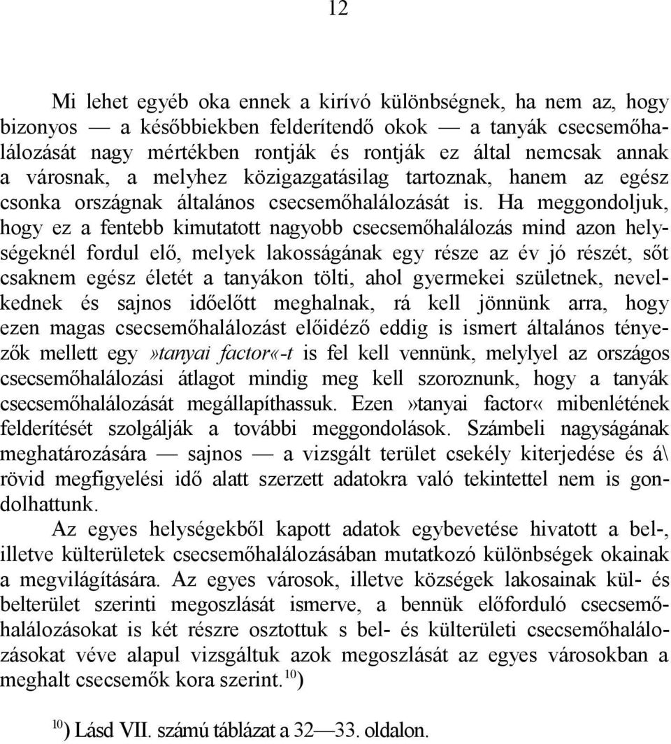 Ha meggondoljuk, hogy ez a fentebb kimutatott nagyobb csecsemőhalálozás mind azon helységeknél fordul elő, melyek lakosságának egy része az év jó részét, sőt csaknem egész életét a tanyákon tölti,