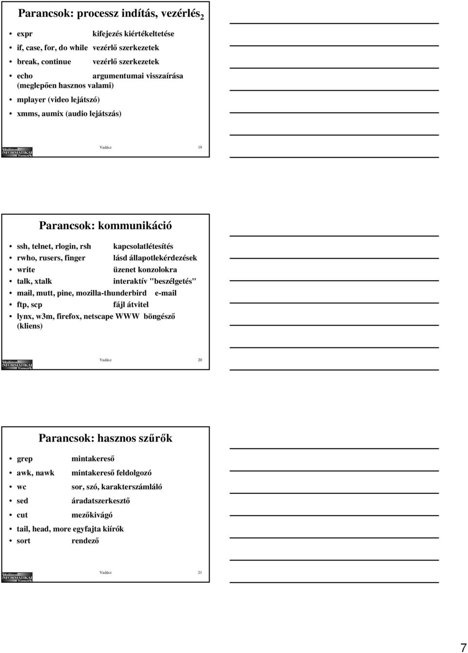 állapotlekérdezések write üzenet konzolokra talk, xtalk interaktív "beszélgetés" mail, mutt, pine, mozilla-thunderbird e-mail ftp, scp fájl átvitel lynx, w3m, firefox, netscape WWW böngésző