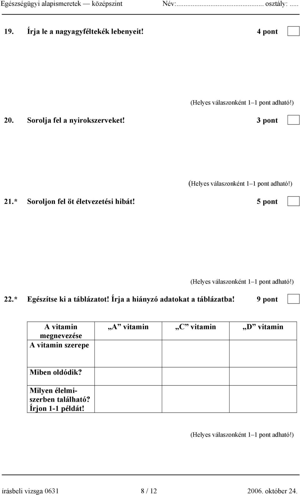 Írja a hiányzó adatokat a táblázatba! 9 pont A vitamin A vitamin C vitamin D vitamin megnevezése A vitamin szerepe A látóbíbor A szervezet A csontképződésképződésében szükséges.