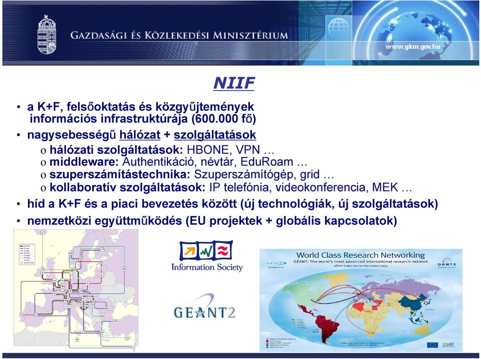 névtár, EduRoam o szuperszámítástechnika: Szuperszámítógép, grid o kollaboratív szolgáltatások: IP telefónia,