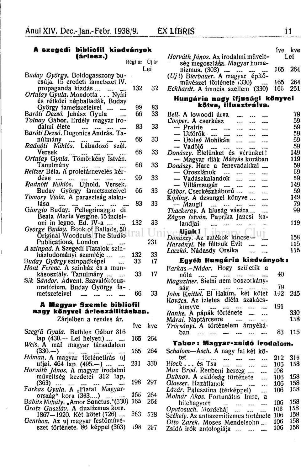 Erdély magyar irodalmi élete 83 33 Baróti Dezső. Dugonics András. Tanulmány 66 33 Radnóti Miklós. Lábadozó szél. Versek 66 33 Ortutay Gyula. Tömötkény István. Tanulmány 66 33 Reitzer Béla.