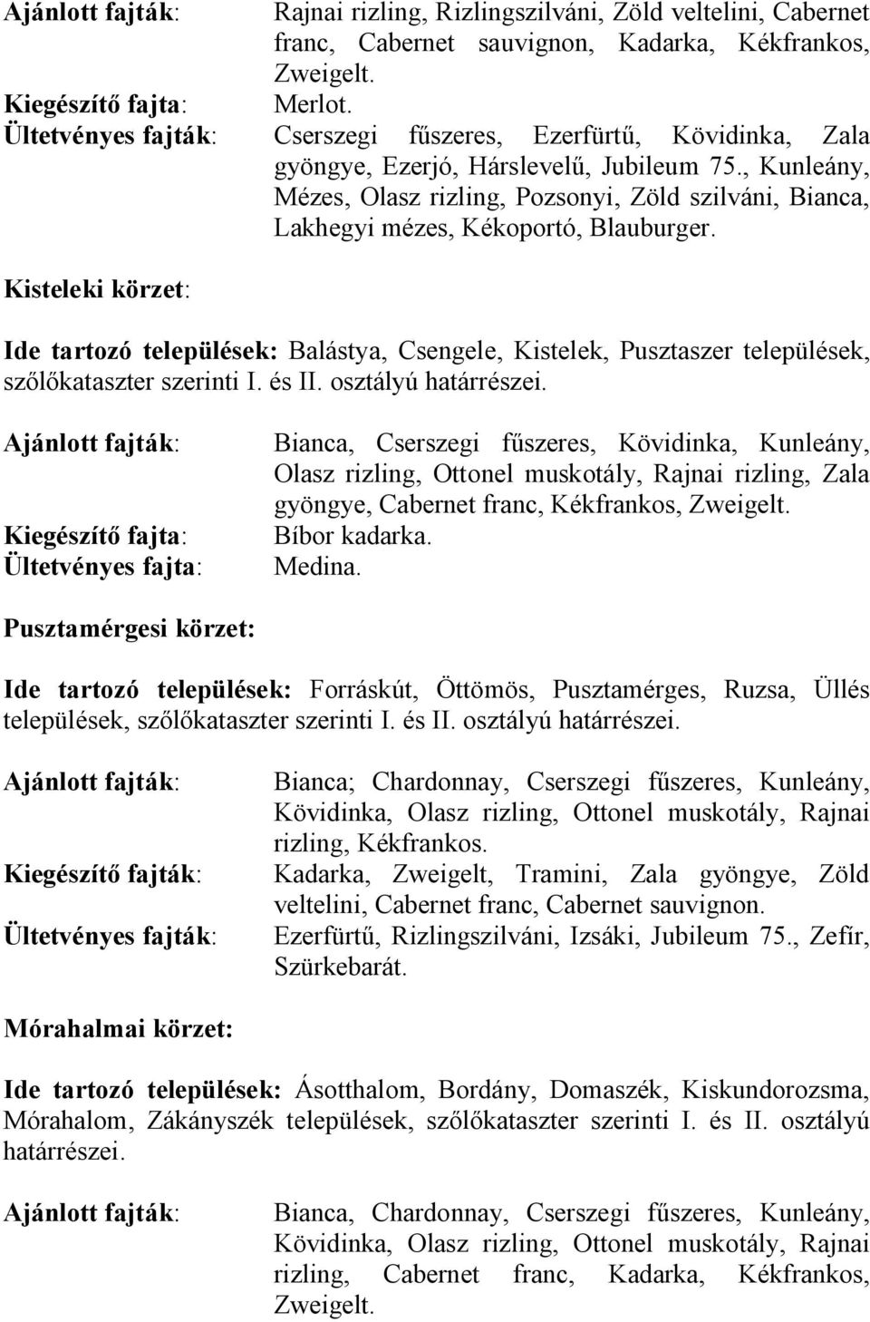 , Kunleány, Mézes, Olasz rizling, Pozsonyi, Zöld szilváni, Bianca, Lakhegyi mézes, Kékoportó, Blauburger.