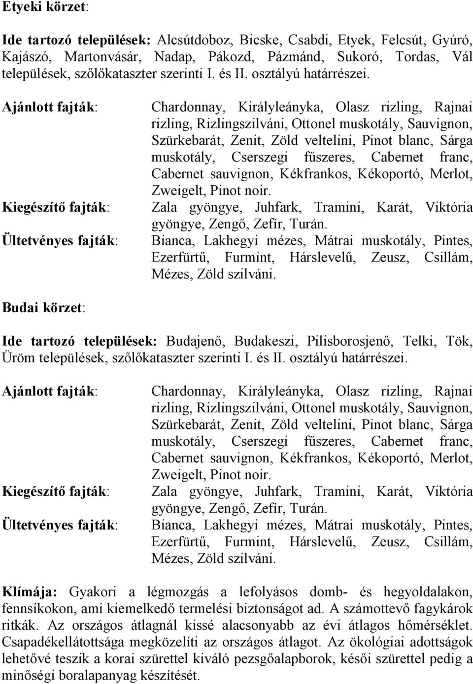 Ajánlott fajták: Kiegészítő fajták: Ültetvényes fajták: Chardonnay, Királyleányka, Olasz rizling, Rajnai rizling, Rizlingszilváni, Ottonel muskotály, Sauvignon, Szürkebarát, Zenit, Zöld veltelini,