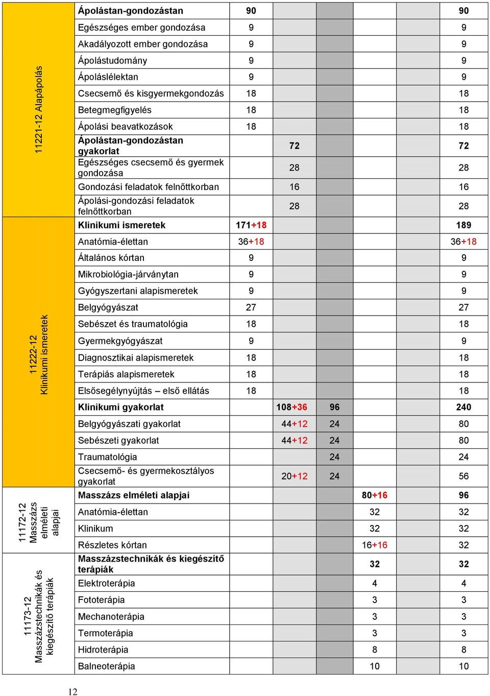 Egészséges csecsemő és gyermek gondozása 72 72 28 28 Gondozási feladatok felnőttkorban 16 16 Ápolási-gondozási feladatok felnőttkorban 28 28 Klinikumi ismeretek 171+18 189 Anatómia-élettan 36+18