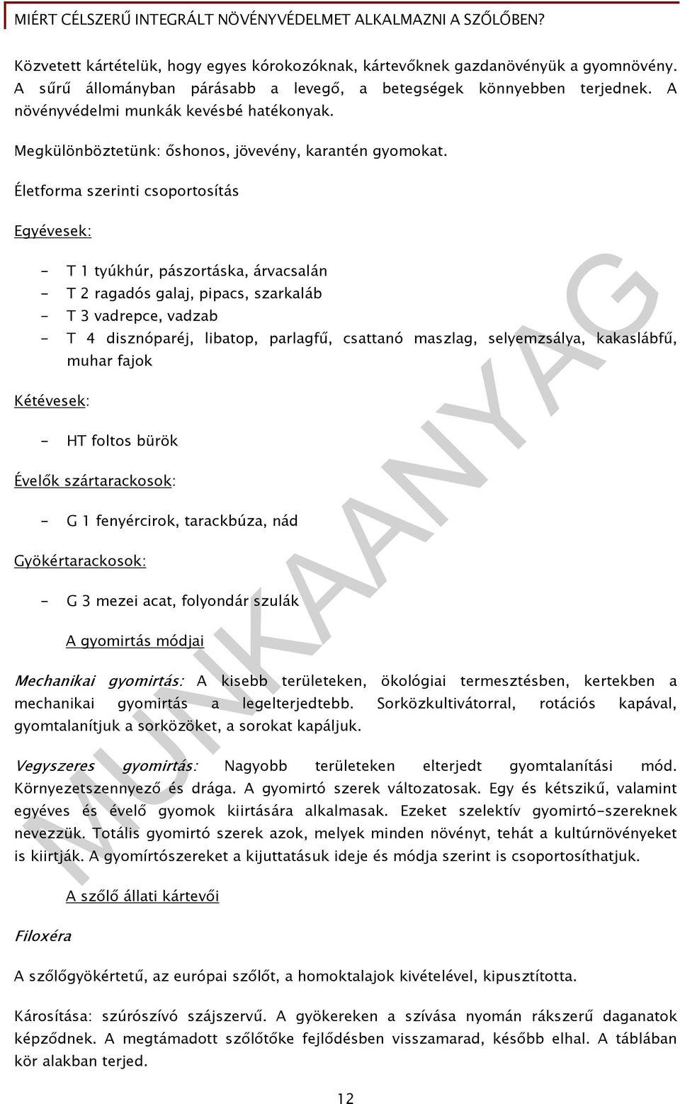 Életforma szerinti csoportosítás Egyévesek: - T 1 tyúkhúr, pászortáska, árvacsalán - T 2 ragadós galaj, pipacs, szarkaláb - T 3 vadrepce, vadzab - T 4 disznóparéj, libatop, parlagfű, csattanó