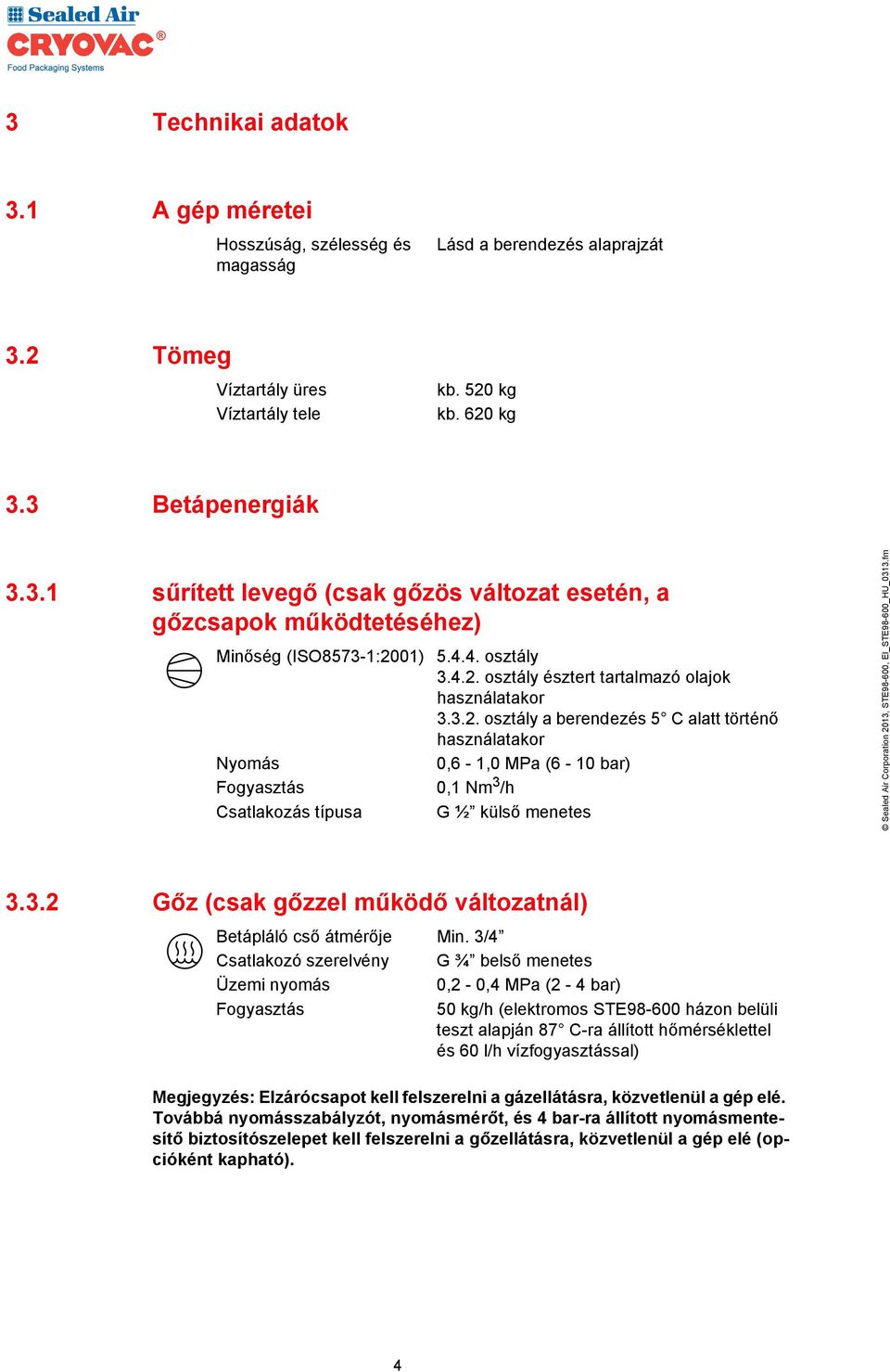 3.2 Gőz (csak gőzzel működő változatnál) Betápláló cső átmérője Min.