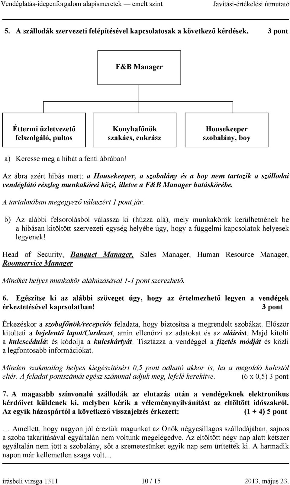 Az ábra azért hibás mert: a Housekeeper, a szobalány és a boy nem tartozik a szállodai vendéglátó részleg munkakörei közé, illetve a F&B Manager hatáskörébe.