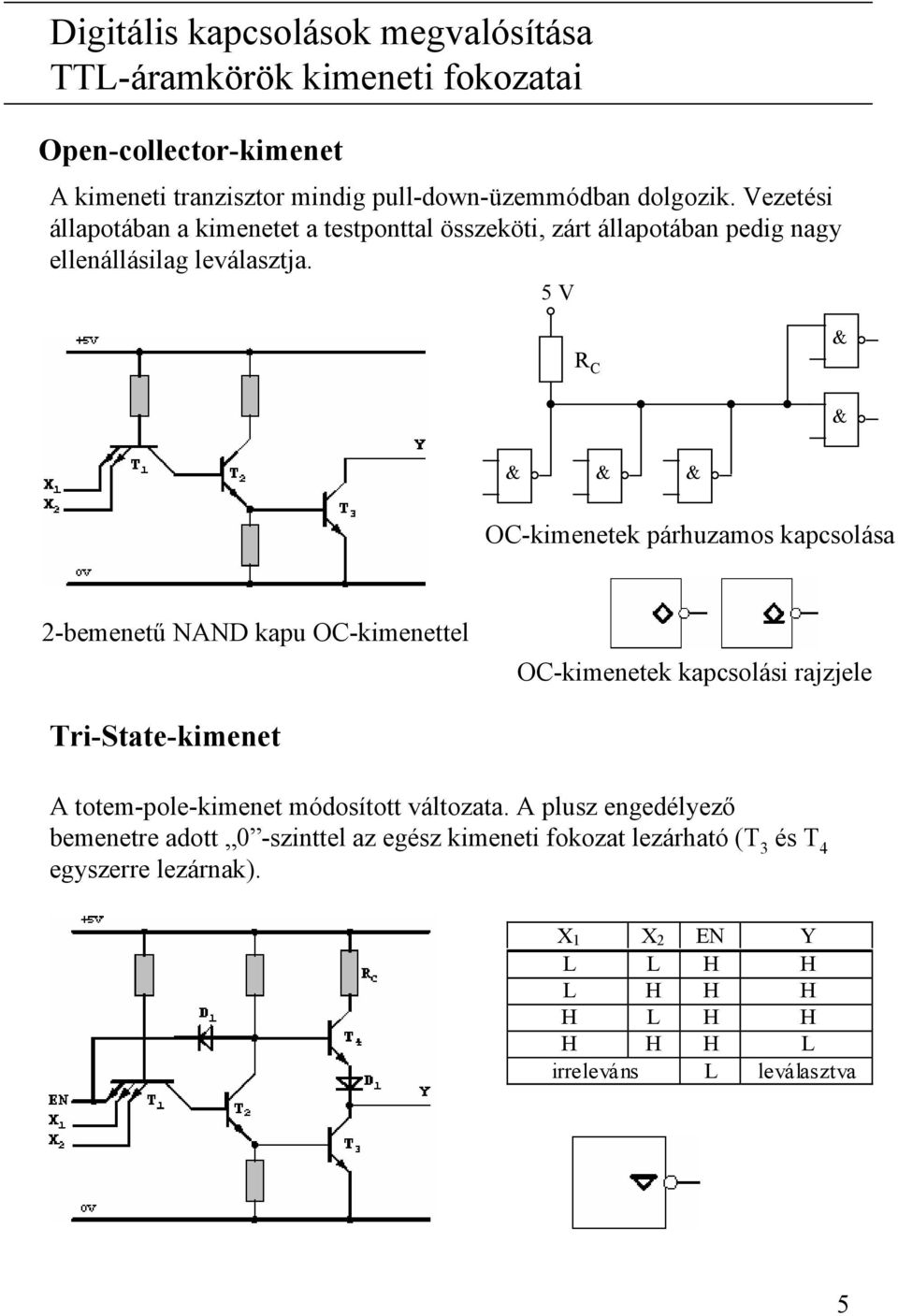 5 V R C & & & & & OC-kimenetek párhuzamos kapcsolása 2-bemenetű NAND kapu OC-kimenettel OC-kimenetek kapcsolási rajzjele Tri-State-kimenet A