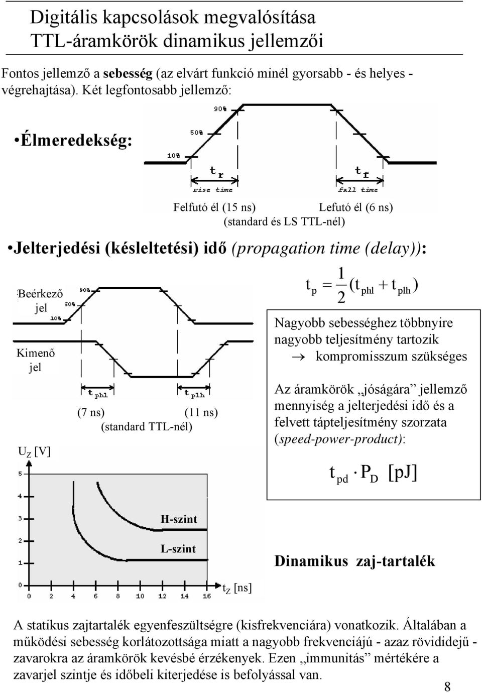 ns) (11 ns) (standard TTL-nél) t 1 (t 2 p = phl + t plh Nagyobb sebességhez többnyire nagyobb teljesítmény tartozik kompromisszum szükséges Az áramkörök jóságára jellemző mennyiség a jelterjedési idő