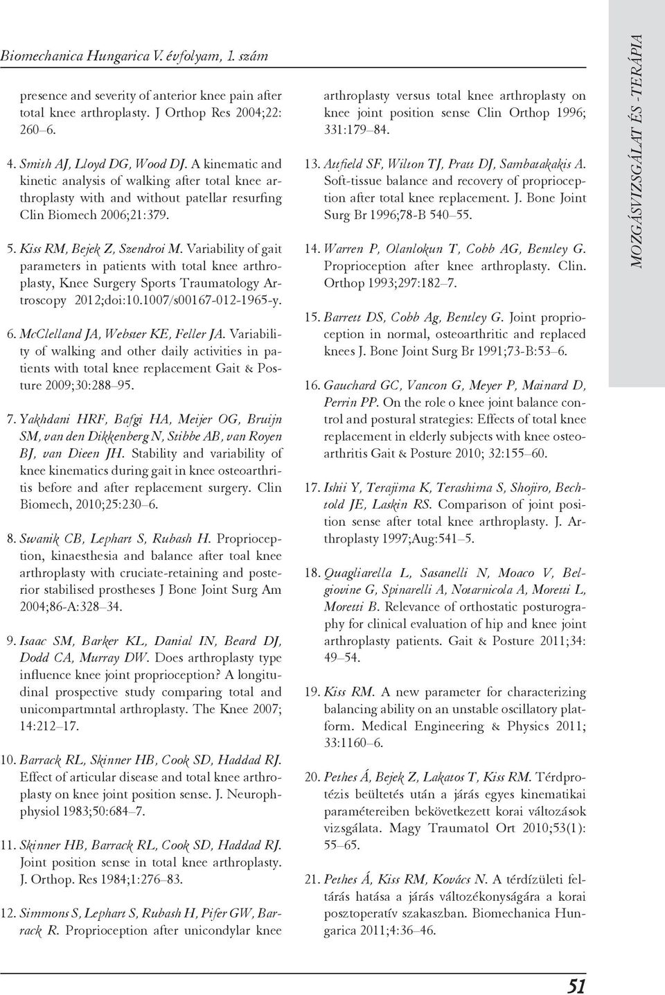 Variability of gait parameters in patients with total knee arthroplasty, Knee Surgery Sports Traumatology Artroscopy 2012;doi:10.1007/s00167-012-1965-y. 6. McClelland JA, Webster KE, Feller JA.