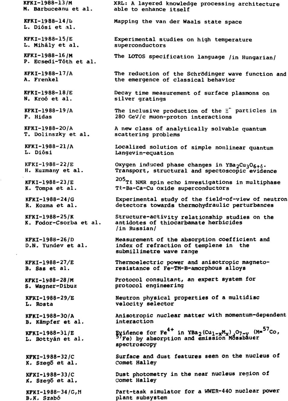 Fodor-Csorba et al. KFKI-1988-26/D D.N. Yundev et al. KFKI-1988-27/E B. Sas et al. KFKI-1988-28/M S. Wagner-Dibuz KFKI-1988-29/E L. Rosta KFKI-1988-30/A В. Kämpfer et al. KFKI-1988-31/E L.