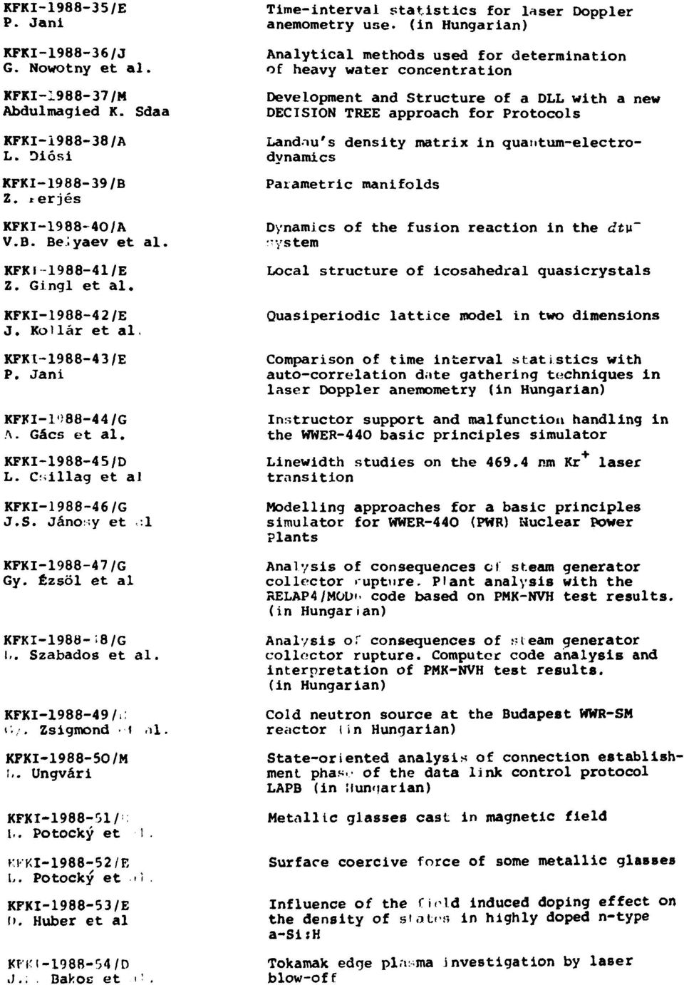 quantum-electrodynamics Parametric manifolds KFKI-1988-40/A V.B. BeJyaev et al. Dynamics of the fusion reaction in the - /stem dtv KFKI 1988-41/E Z. Gingl et al. KFKI-1988-42/E J. Kollár et al.