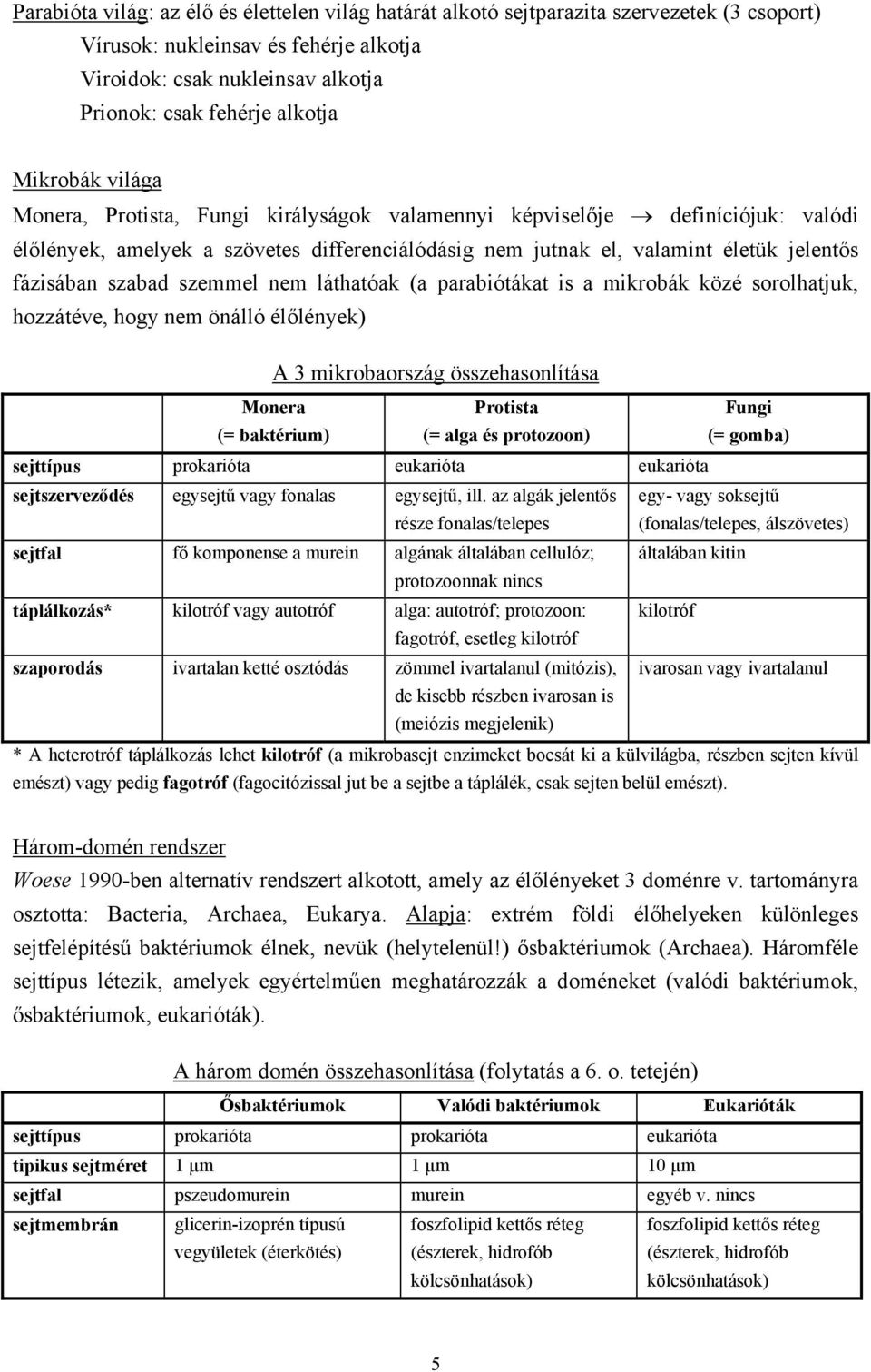 szabad szemmel nem láthatóak (a parabiótákat is a mikrobák közé sorolhatjuk, hozzátéve, hogy nem önálló élőlények) A 3 mikrobaország összehasonlítása Monera (= baktérium) Protista (= alga és