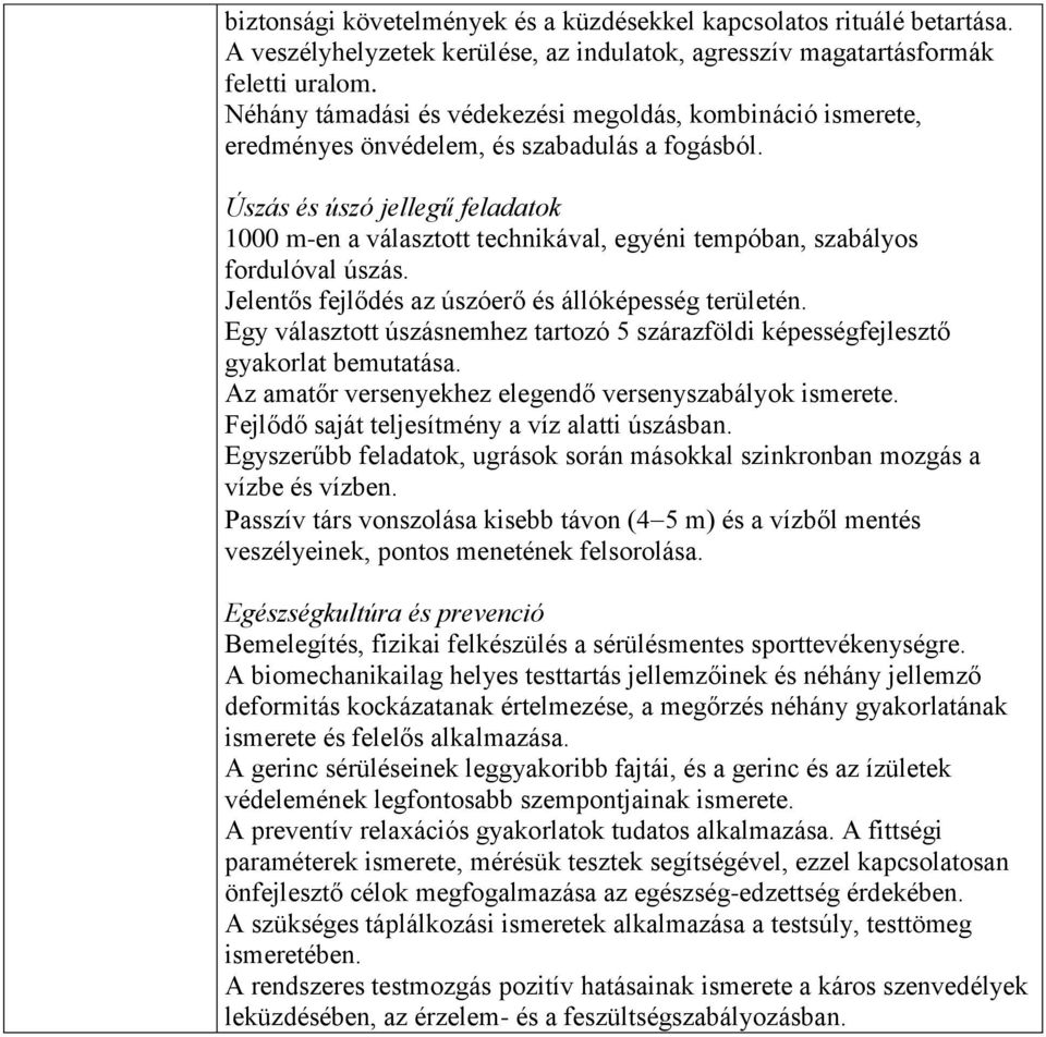 Úszás és úszó jellegű feladatok 1000 m-en a választott technikával, egyéni tempóban, szabályos fordulóval úszás. Jelentős fejlődés az úszóerő és állóképesség területén.