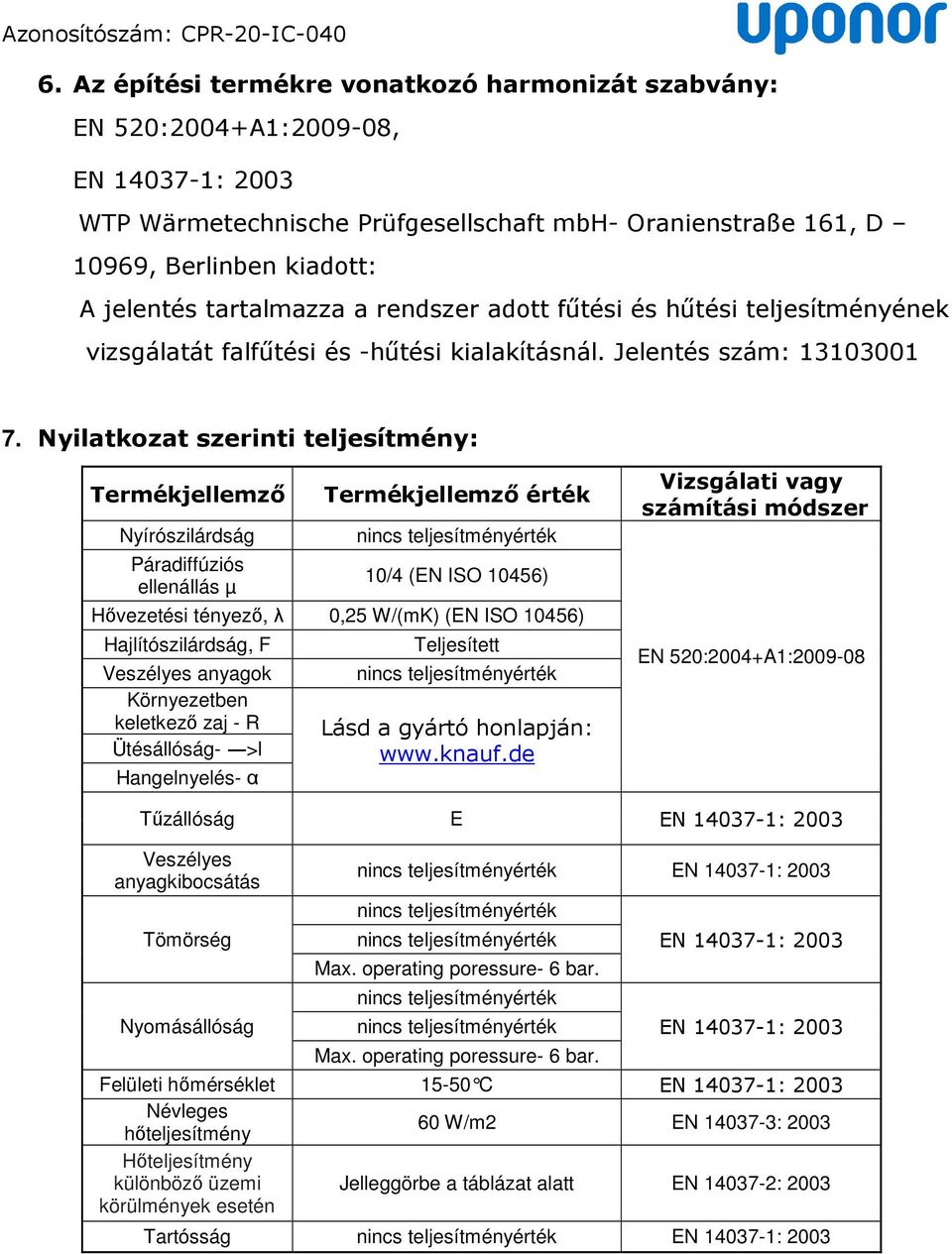 Nyilatkozat szerinti teljesítmény: Termékjellemző Nyírószilárdság Páradiffúziós ellenállás µ Termékjellemző érték 10/4 (EN ISO 10456) Hővezetési tényező, λ 0,25 W/(mK) (EN ISO 10456)