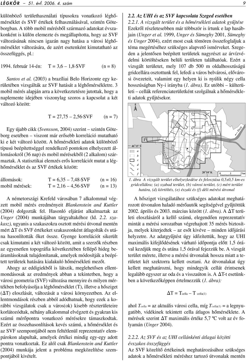 kimutatható az összefüggés, pl.: 1994. február 14-én: T = 3,6 1,8 SVF (n = 8) Santos et al. (2003) a brazíliai Belo Horizonte egy kerületében vizsgálták az SVF hatását a léghômérsékletre.