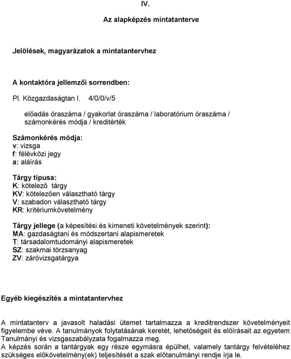 kötelezıen választható tárgy V: szabadon választható tárgy KR: kritériumkövetelmény Tárgy jellege (a képesítési és kimeneti követelmények szerint): MA: gazdaságtani és módszertani alapismeretek T: