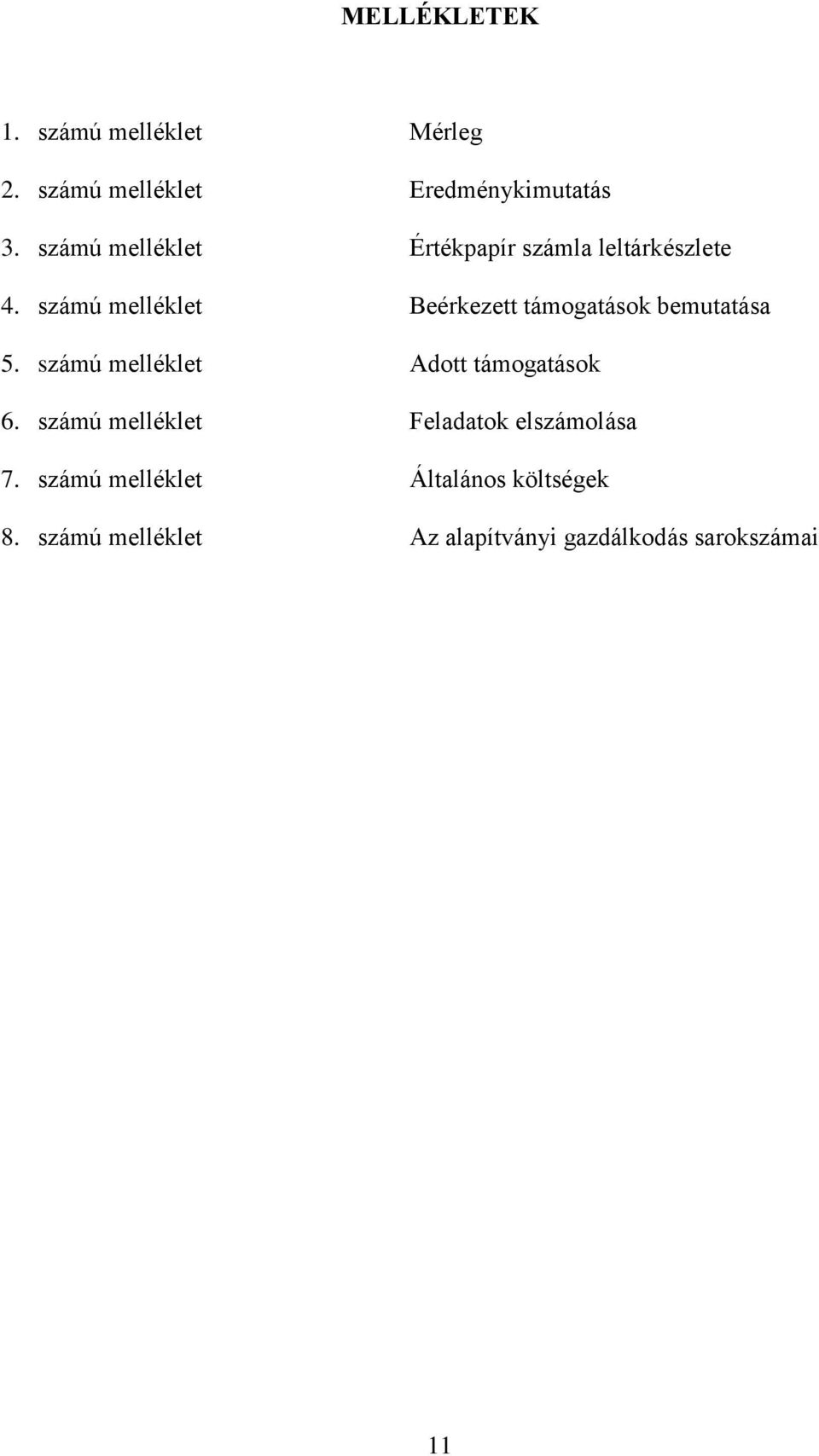 számú melléklet Beérkezett támogatások bemutatása 5. számú melléklet Adott támogatások 6.
