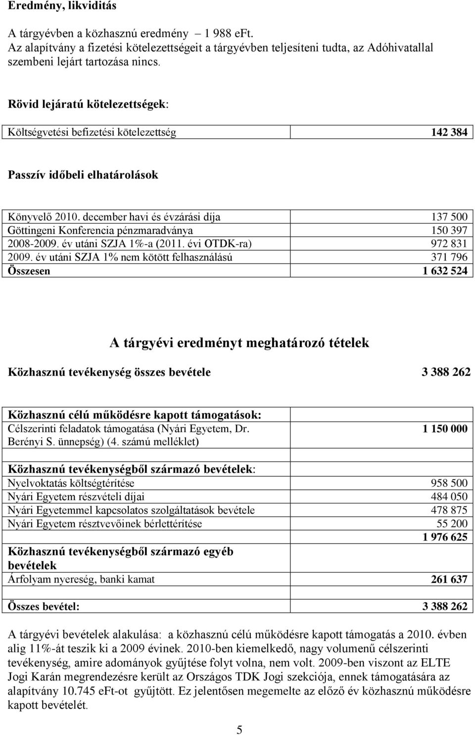 december havi és évzárási díja 137 500 Göttingeni Konferencia pénzmaradványa 150 397 2008-2009. év utáni SZJA 1%-a (2011. évi OTDK-ra) 972 831 2009.