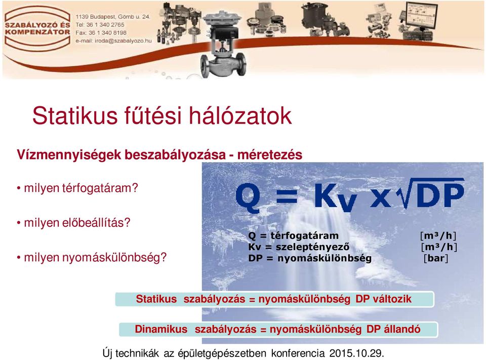 Q = térfogatáram [m³/h] Kv = szeleptényező [m³/h] DP = nyomáskülönbség [bar]