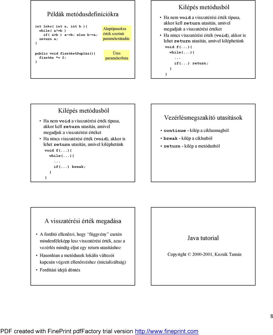 visszateresi ertek tıpusa, akkor kell return utasıtas, amivel megadjuk a visszateresi erteket ö Ha nincs visszateresi ertek (void), akkor is lehet return utasıtas, amivel kilephetűnk void f(){