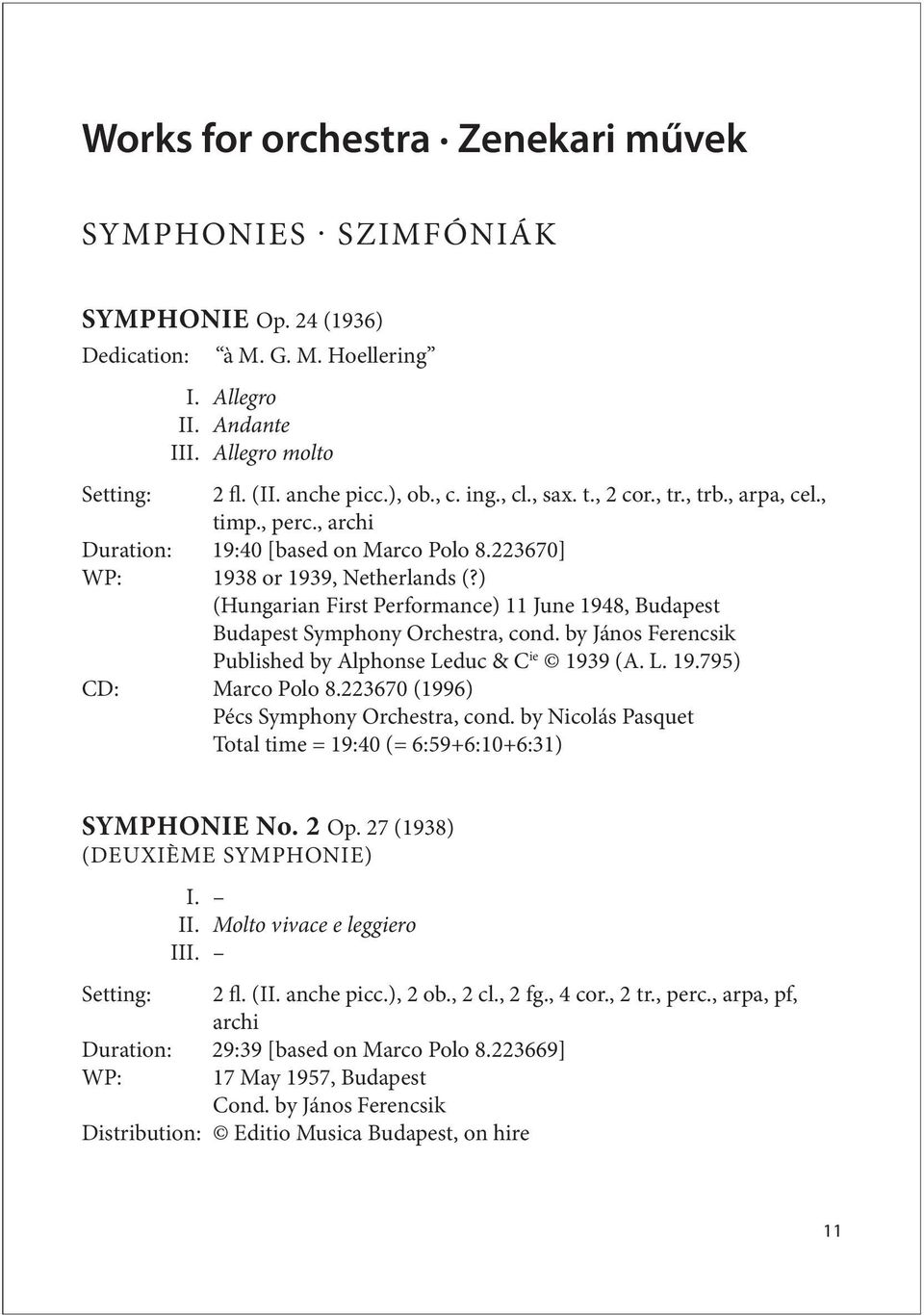 ) (Hungarian First Performance) 11 June 1948, Budapest Budapest Symphony Orchestra, cond. by János Ferencsik Published by Alphonse Leduc & C ie 1939 (A. L. 19.795) CD: Marco Polo 8.
