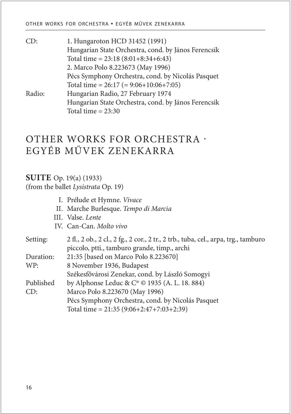by János Ferencsik Total time = 23:30 OTHER WORKS FOR ORCHESTRA EGYÉB MŰVEK ZENEKARRA SUITE Op. 19(a) (1933) (from the ballet Lysistrata Op. 19) I. Prélude et Hymne. Vivace II. Marche Burlesque.