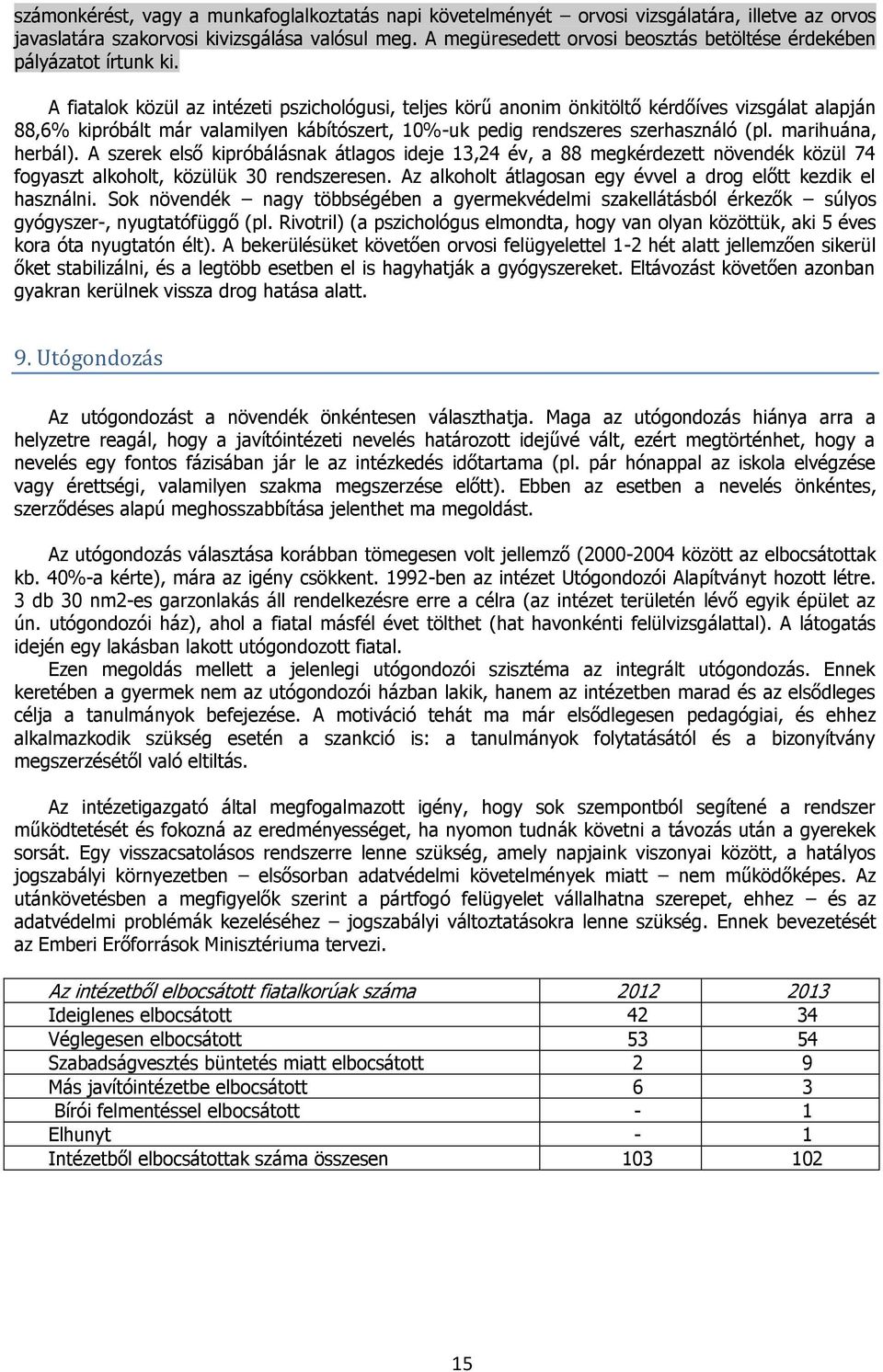 A fiatalok közül az intézeti pszichológusi, teljes körű anonim önkitöltő kérdőíves vizsgálat alapján 88,6% kipróbált már valamilyen kábítószert, 10%-uk pedig rendszeres szerhasználó (pl.