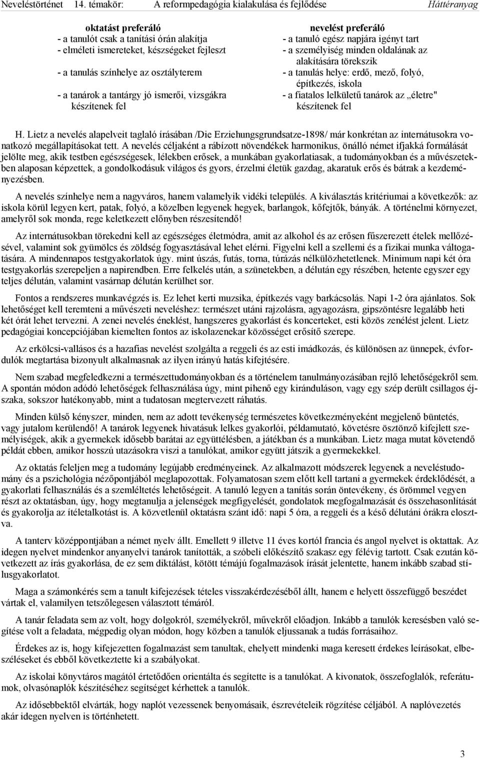 életre" készítenek fel készítenek fel H. Lietz a nevelés alapelveit taglaló írásában /Die Erziehungsgrundsatze-1898/ már konkrétan az internátusokra vonatkozó megállapításokat tett.