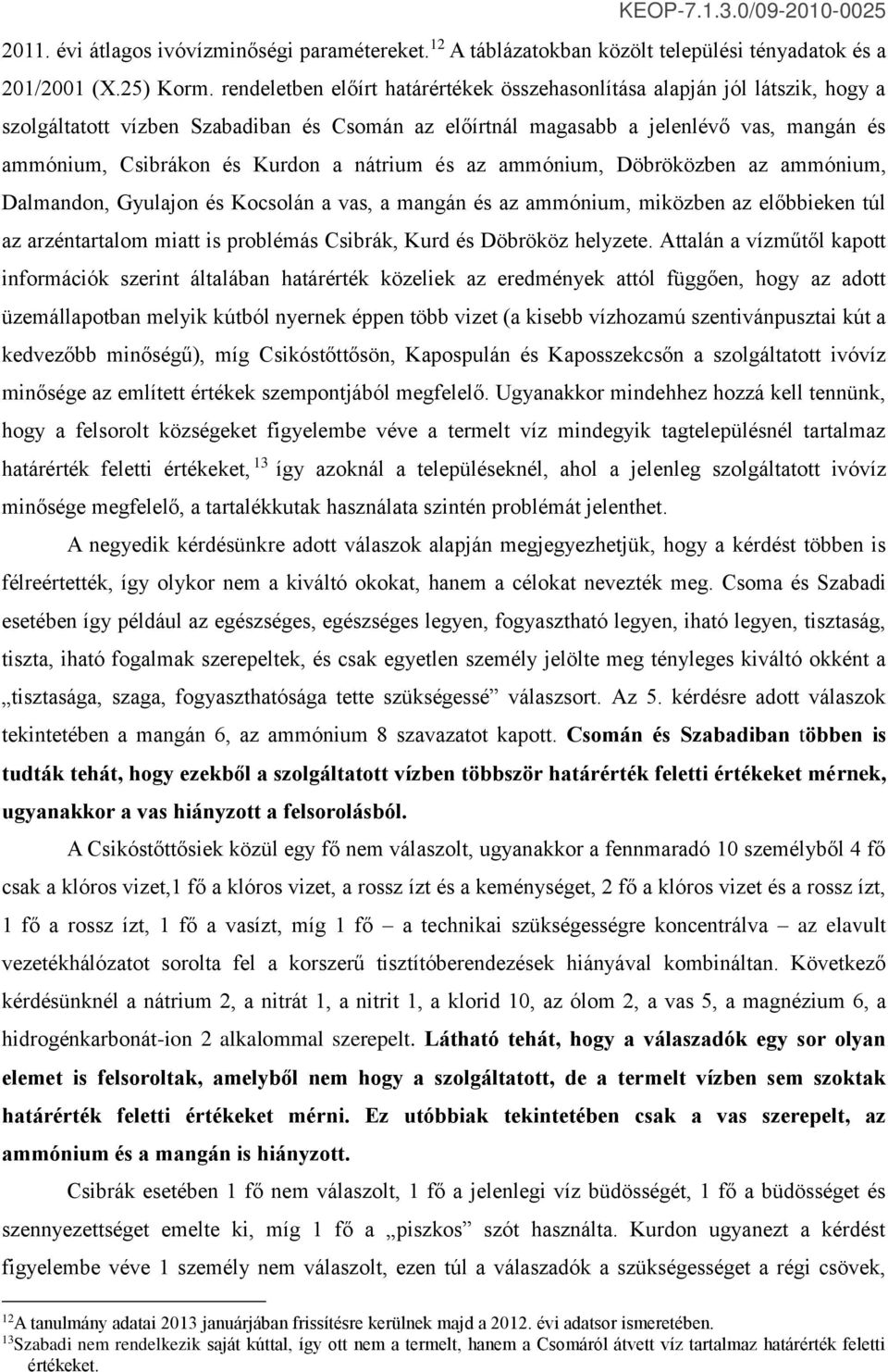 nátrium és az ammónium, Döbröközben az ammónium, Dalmandon, Gyulajon és Kocsolán a vas, a mangán és az ammónium, miközben az előbbieken túl az arzéntartalom miatt is problémás Csibrák, Kurd és