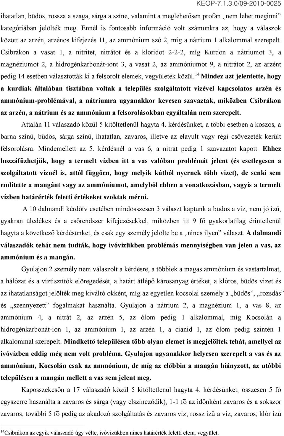 Csibrákon a vasat 1, a nitritet, nitrátot és a kloridot 2-2-2, míg Kurdon a nátriumot 3, a magnéziumot 2, a hidrogénkarbonát-iont 3, a vasat 2, az ammóniumot 9, a nitrátot 2, az arzént pedig 14