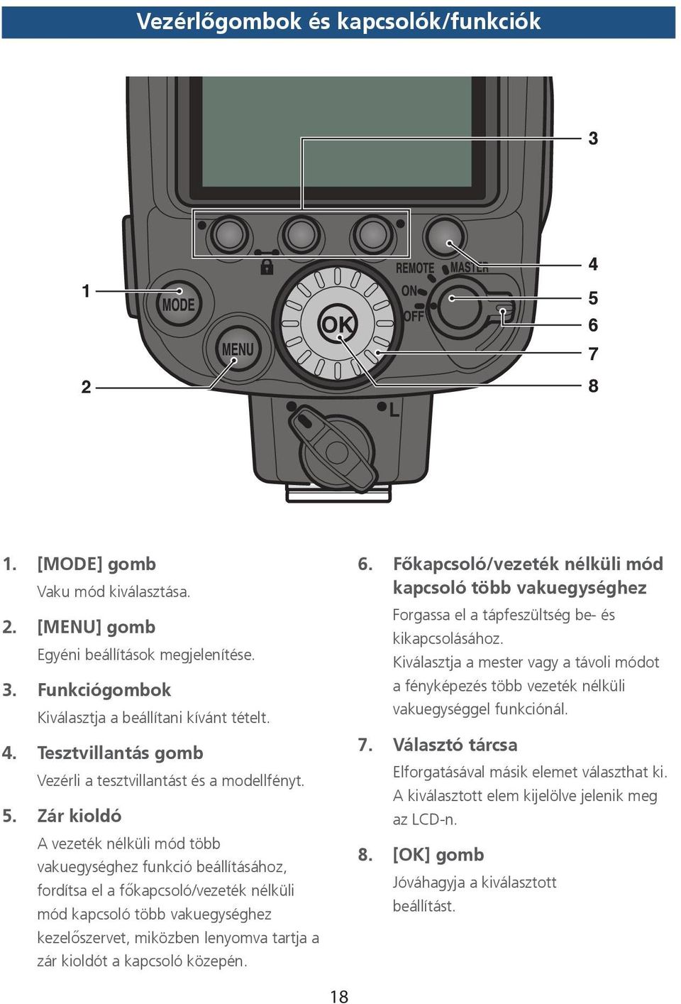 kioldót a kapcsoló közepén. 6. Főkapcsoló/vezeték nélküli mód kapcsoló több vakuegységhez Forgassa el a tápfeszültség be- és kikapcsolásához.