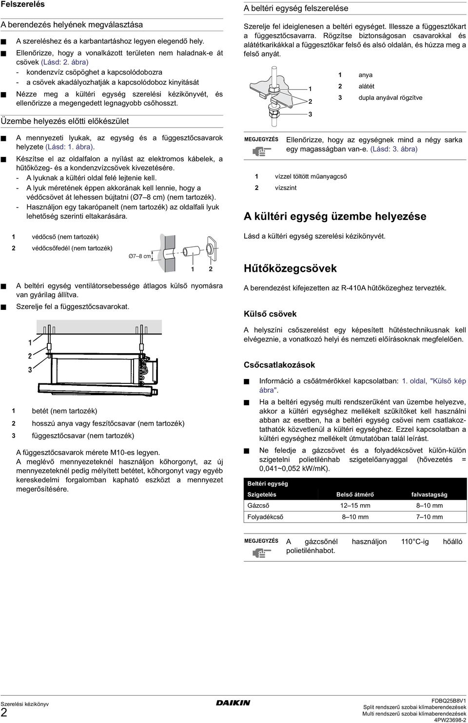 csőhosszt. Üzembe helyezés előtti előkészület A beltéri egység felszerelése Szerelje fel ideiglenesen a beltéri egységet. Illessze a függesztőkart a függesztőcsavarra.