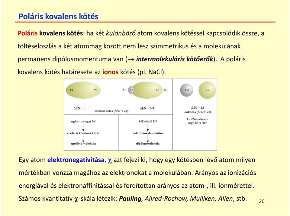 Egy atom elektronegativitása, azt fejezi ki, hogy egy kötésben lévő atom milyen mértékben vonzza magához az elektronokat a molekulában.