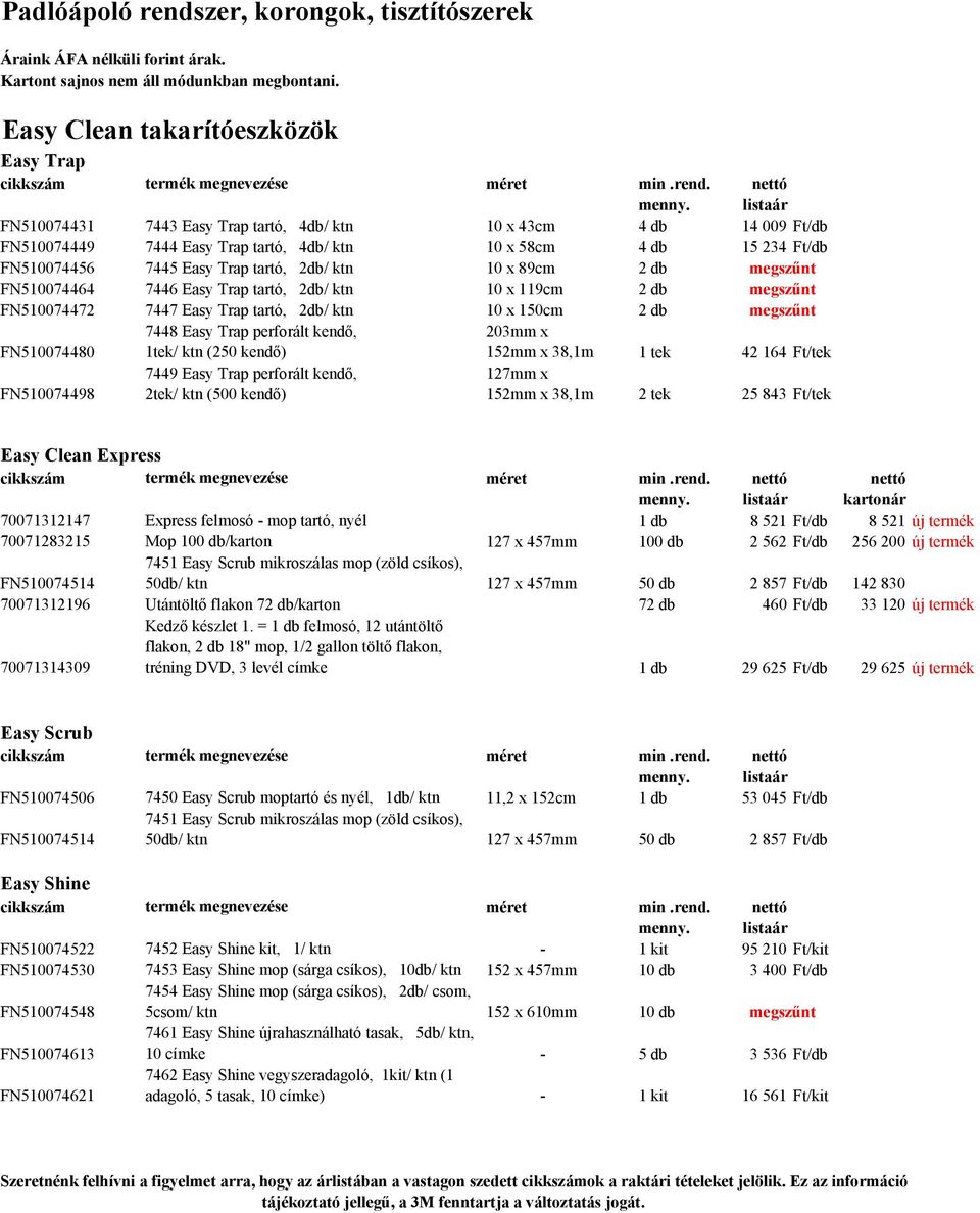 kendı, 1tek/ ktn (250 kendı) 203mm x 152mm x 38,1m 1 tek 42 164 Ft/tek FN510074498 7449 Easy Trap perforált kendı, 2tek/ ktn (500 kendı) 127mm x 152mm x 38,1m 2 tek 25 843 Ft/tek Easy Clean Express