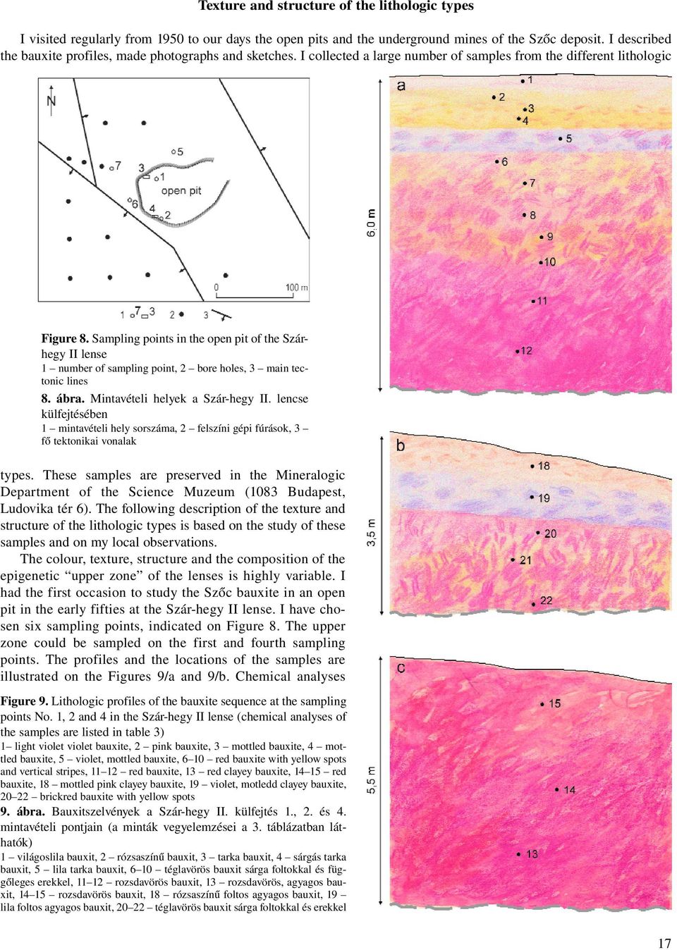 Sampling points in the open pit of the Szárhegy II lense 1 number of sampling point, 2 bore holes, 3 main tectonic lines 8. ábra. Mintavételi helyek a Szár-hegy II.