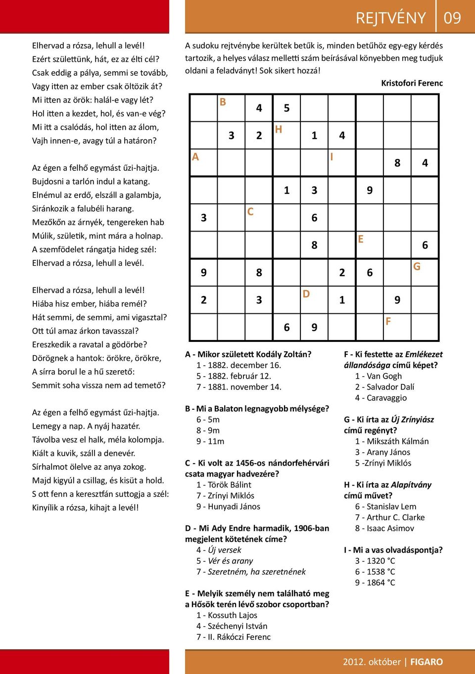 A sudoku rejtvénybe kerültek betűk is, minden betűhöz egy-egy kérdés tartozik, a helyes válasz melletti szám beírásával könyebben meg tudjuk oldani a feladványt! Sok sikert hozzá!