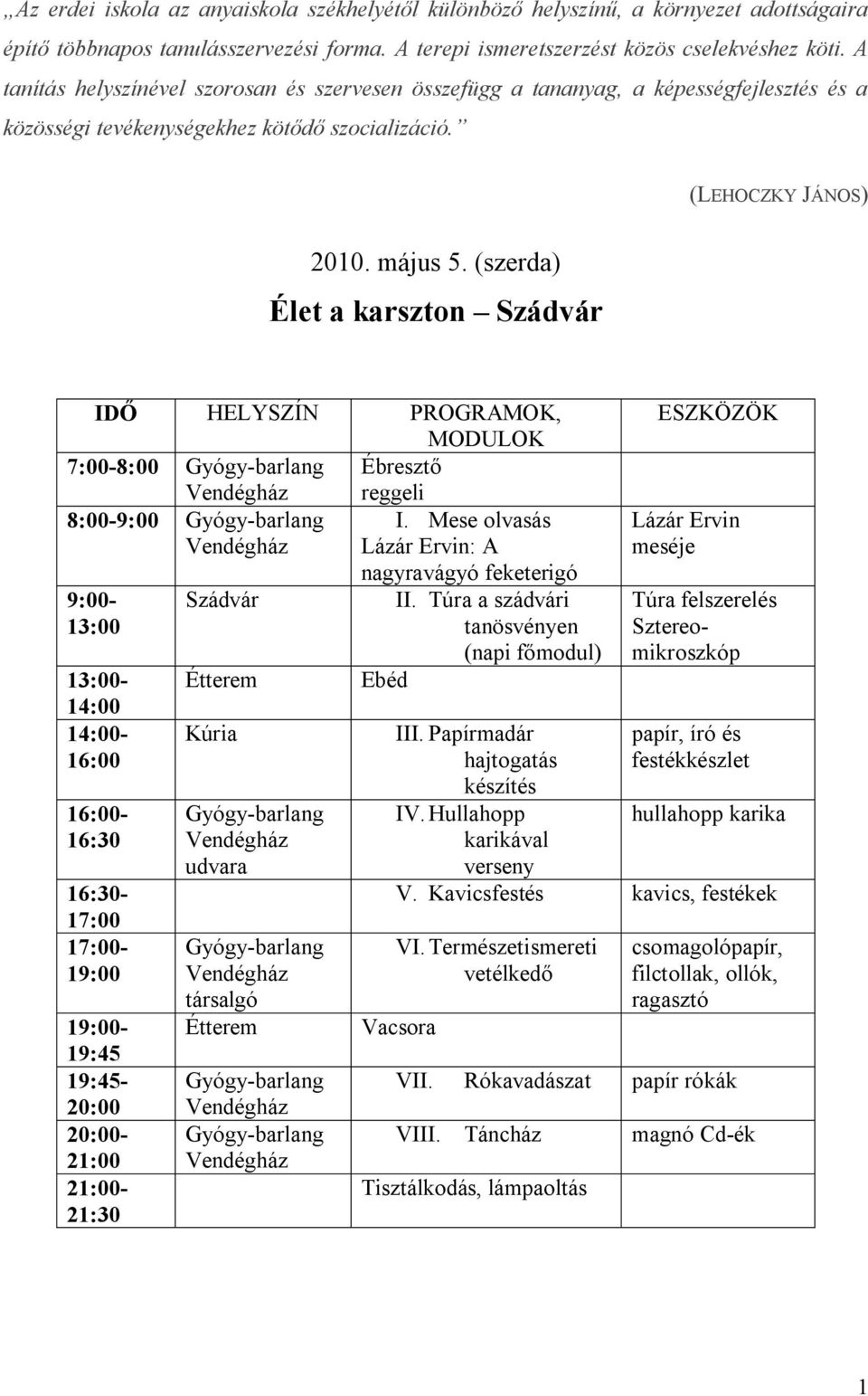 (szerda) Élet a karszton Szádvár DŐ ELYSZÍN PROGRAMOK, MODULOK 7:00-8:00 Ébresztő reggeli 8:00-9:00.