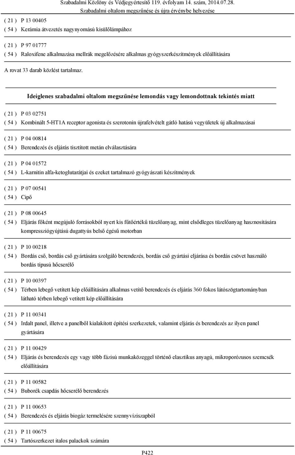 Ideiglenes szabadalmi oltalom megszűnése lemondás vagy lemondottnak tekintés miatt ( 21 ) P 03 02751 ( 54 ) Kombinált 5-HT1A receptor agonista és szerotonin újrafelvételt gátló hatású vegyületek új