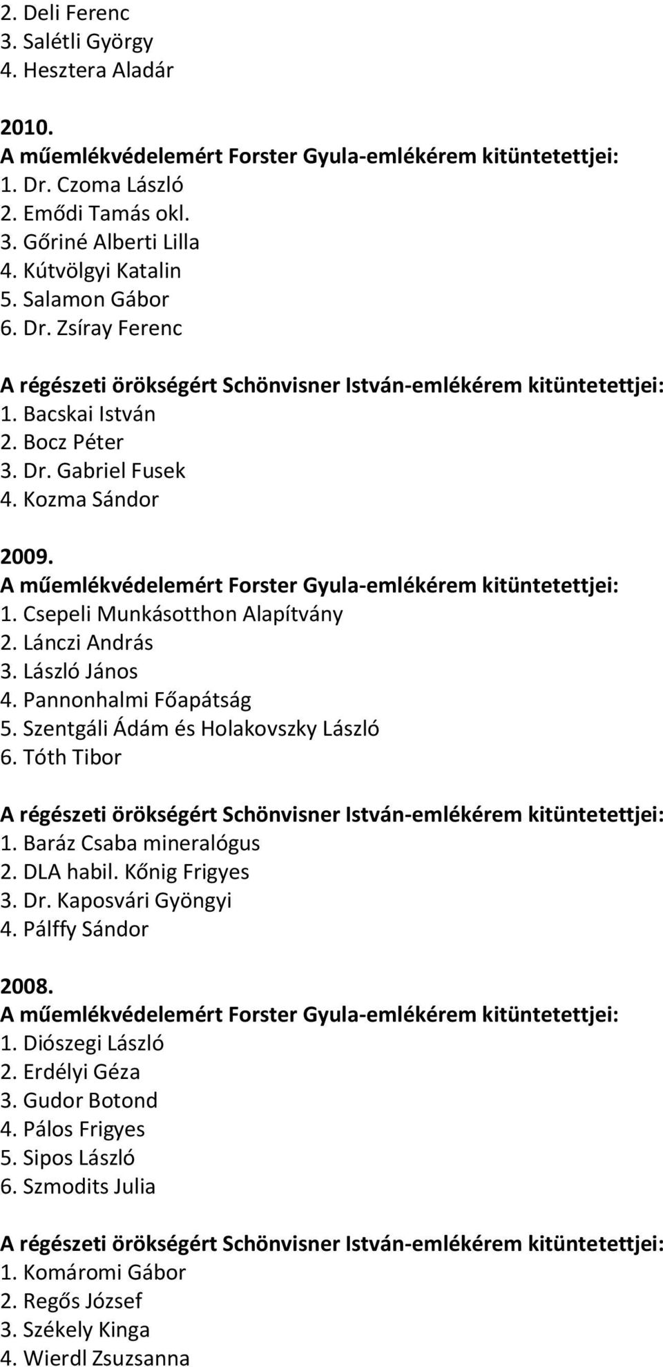 Szentgáli Ádám és Holakovszky László 6. Tóth Tibor 1. Baráz Csaba mineralógus 2. DLA habil. Kőnig Frigyes 3. Dr. Kaposvári Gyöngyi 4. Pálffy Sándor 2008. 1. Diószegi László 2.