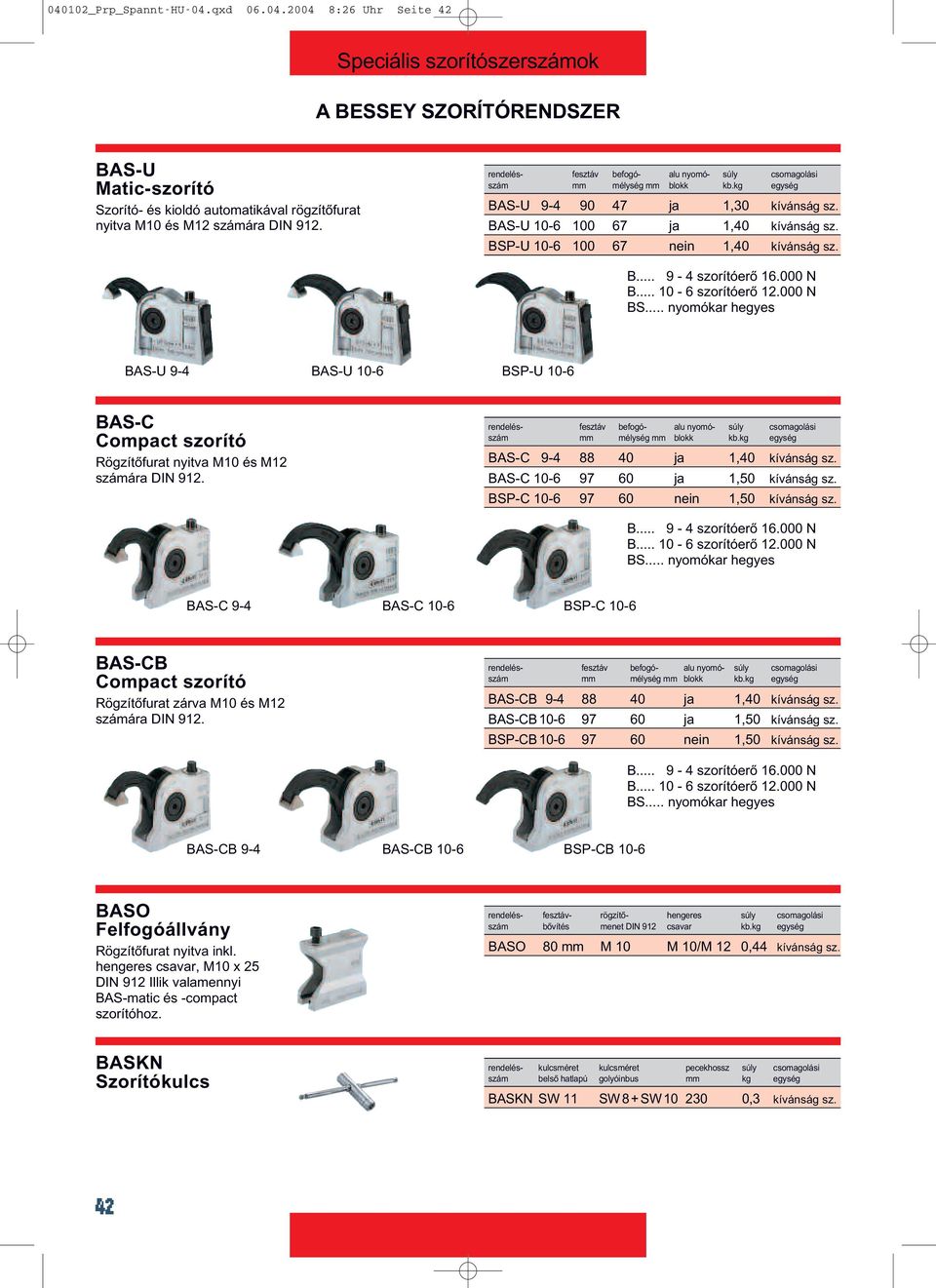 BSP-U 10-6 100 67 nein 1,40 kívánság sz. B... 9-4 szorítóerő 16.000 N B... 10-6 szorítóerő 12.000 N BS.