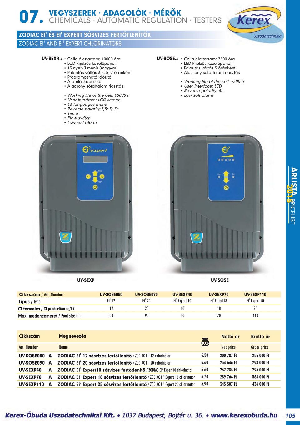 the cell: 10000 h User interface: LCD screen 13 languages menu Reverse polarity:3,5; 5; 7h Timer Flow switch Low salt alarm UV-SOSE.