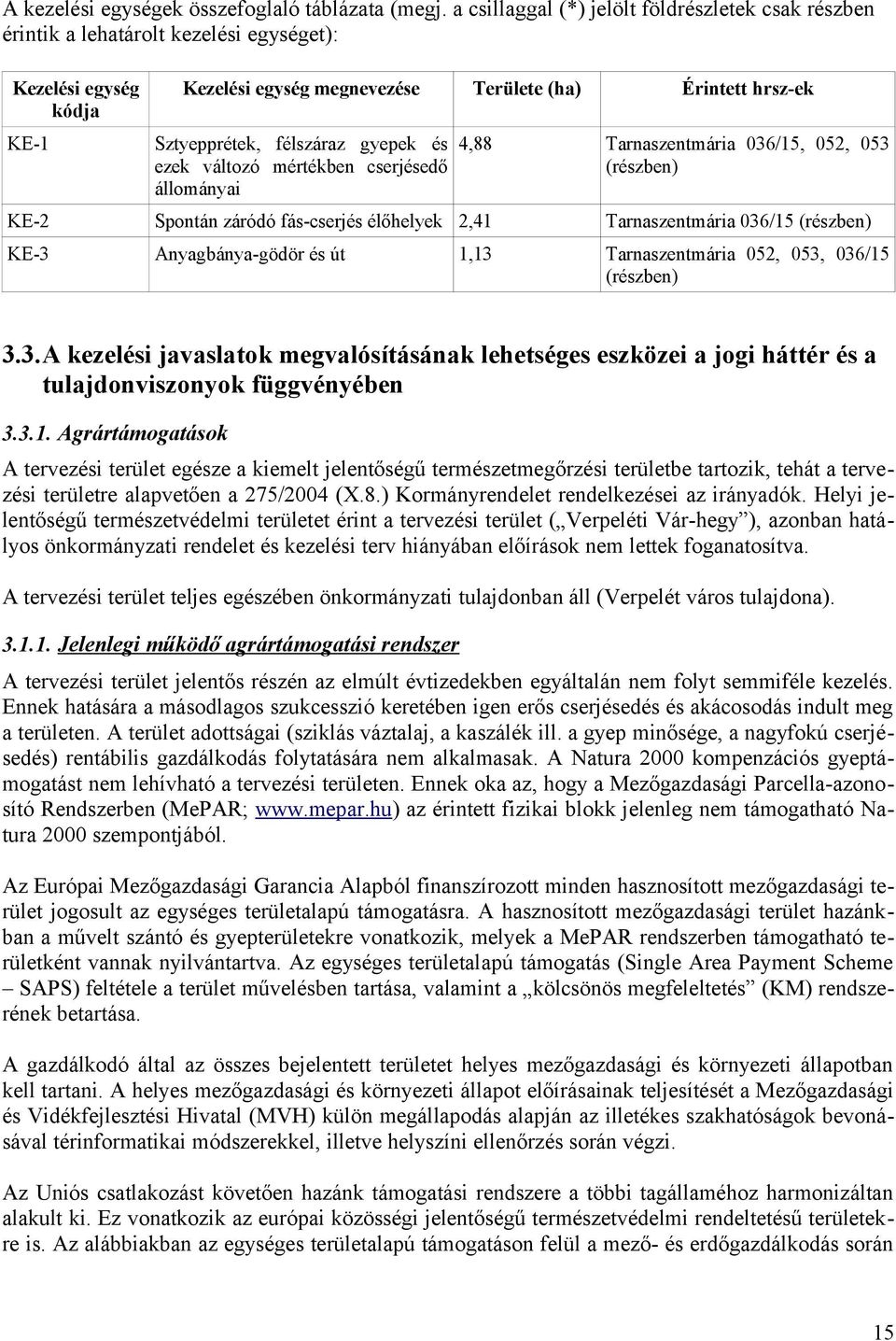 félszáraz gyepek és 4,88 ezek változó mértékben cserjésedő állományai Tarnaszentmária 036/15, 052, 053 (részben) KE-2 Spontán záródó fás-cserjés élőhelyek 2,41 Tarnaszentmária 036/15 (részben) KE-3