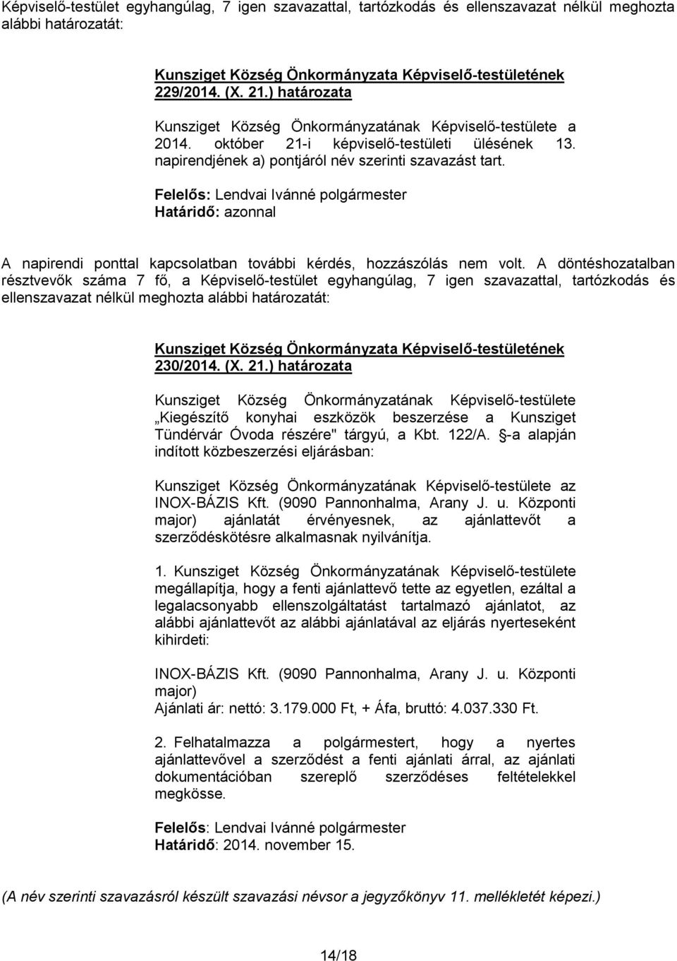 A döntéshozatalban résztvevők száma 7 fő, a Képviselő-testület egyhangúlag, 7 igen szavazattal, tartózkodás és ellenszavazat nélkül meghozta alábbi határozatát: 230/2014. (X. 21.
