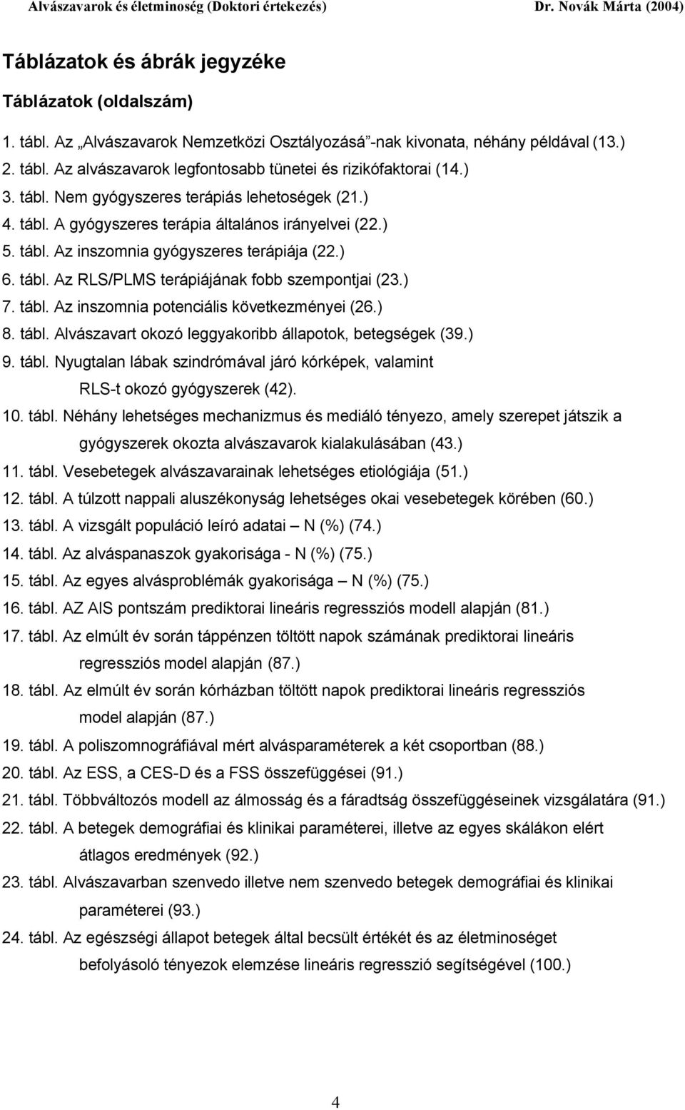 ) 7. tábl. Az inszomnia potenciális következményei (26.) 8. tábl. Alvászavart okozó leggyakoribb állapotok, betegségek (39.) 9. tábl. Nyugtalan lábak szindrómával járó kórképek, valamint RLS-t okozó gyógyszerek (42).