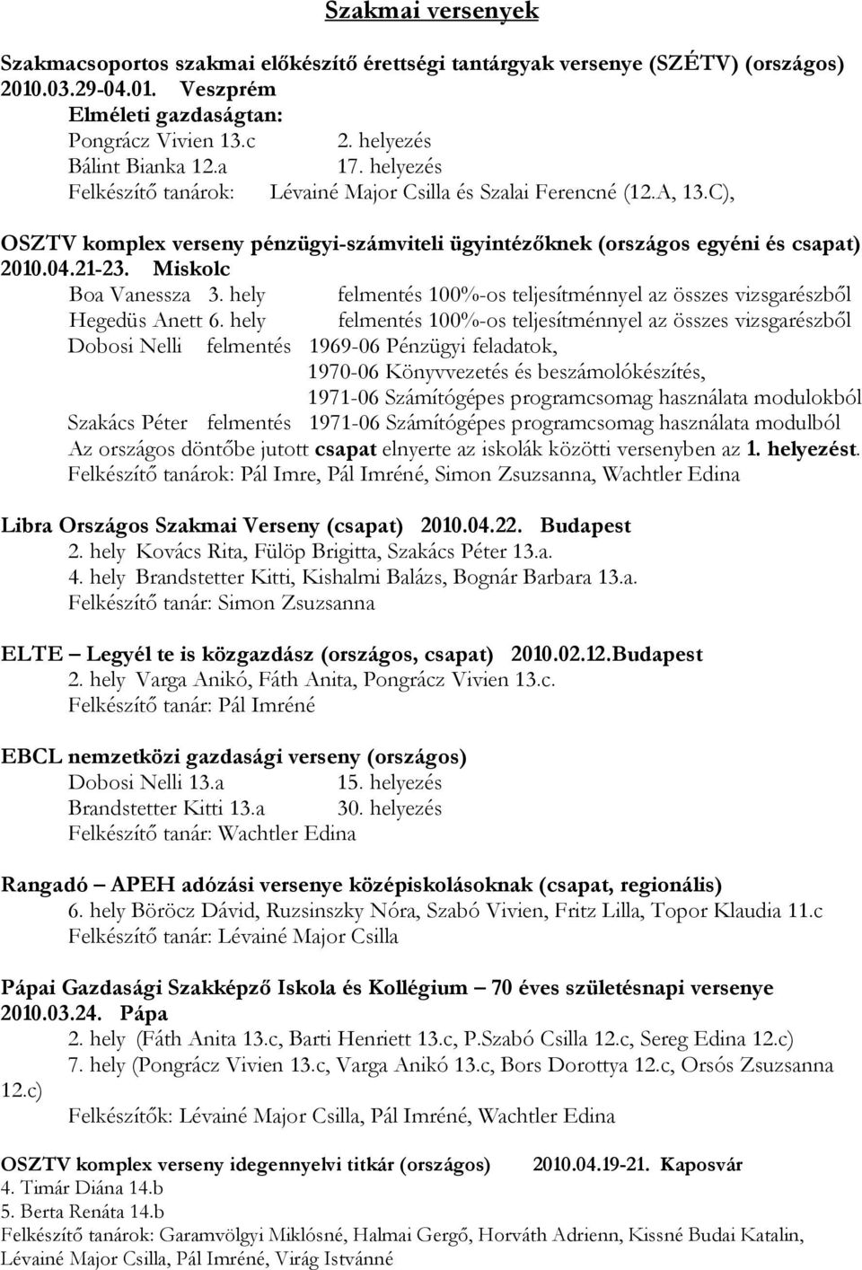 C), OSZTV komplex verseny pénzügyi-számviteli ügyintézőknek (országos egyéni és csapat) 2010.04.21-23. Miskolc Boa Vanessza 3.