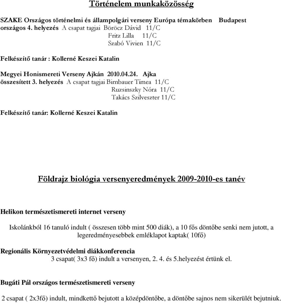 helyezés A csapat tagjai Birnbauer Tímea 11/C Ruzsinszky Nóra 11/C Takács Szilveszter 11/C Felkészítő tanár: Kollerné Keszei Katalin Földrajz biológia versenyeredmények 2009-2010-es tanév Helikon