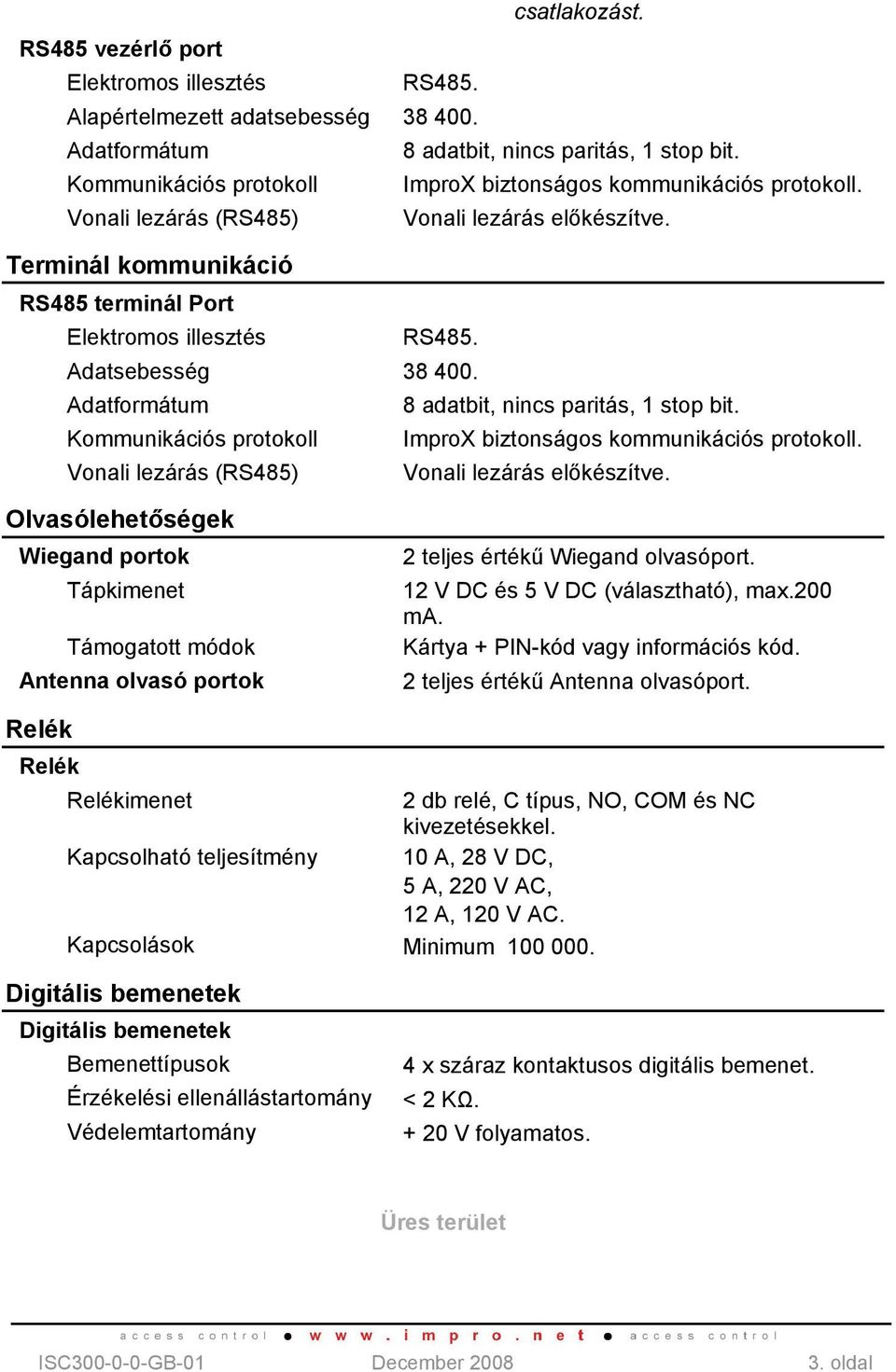 Adatsebesség 38 400. Adatformátum 8 adatbit, nincs paritás, 1 stop bit. Kommunikációs protokoll ImproX biztonságos kommunikációs protokoll. Vonali lezárás (RS485) Vonali lezárás előkészítve.